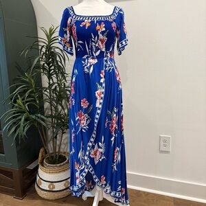 Jealous Tomato Blue Floral Tropical Flowy Dress Short Sleeve Shirred Smocked S